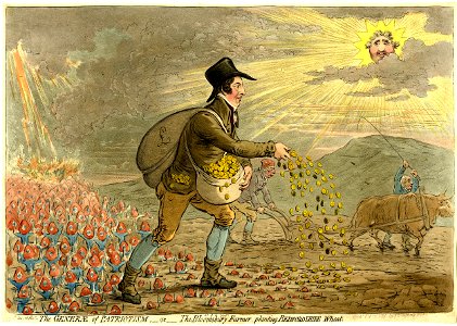 The generae of patriotism,-or-the Bloomsbury farmer, planting Bedfordshire wheat. (BM 1851,0901.775 2)