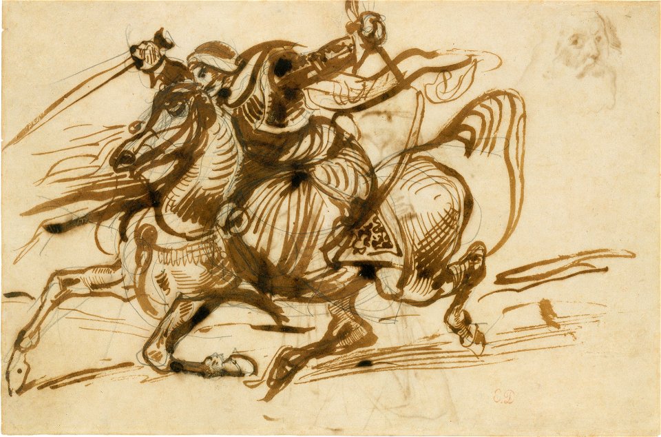 The Giaour on Horseback (recto); Study of a Woman with Head and Arms Thrown Back, and Study of the Head of an Old Man (verso). MET DR494