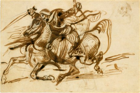 The Giaour on Horseback (recto); Study of a Woman with Head and Arms Thrown Back, and Study of the Head of an Old Man (verso). MET DR494. Free illustration for personal and commercial use.