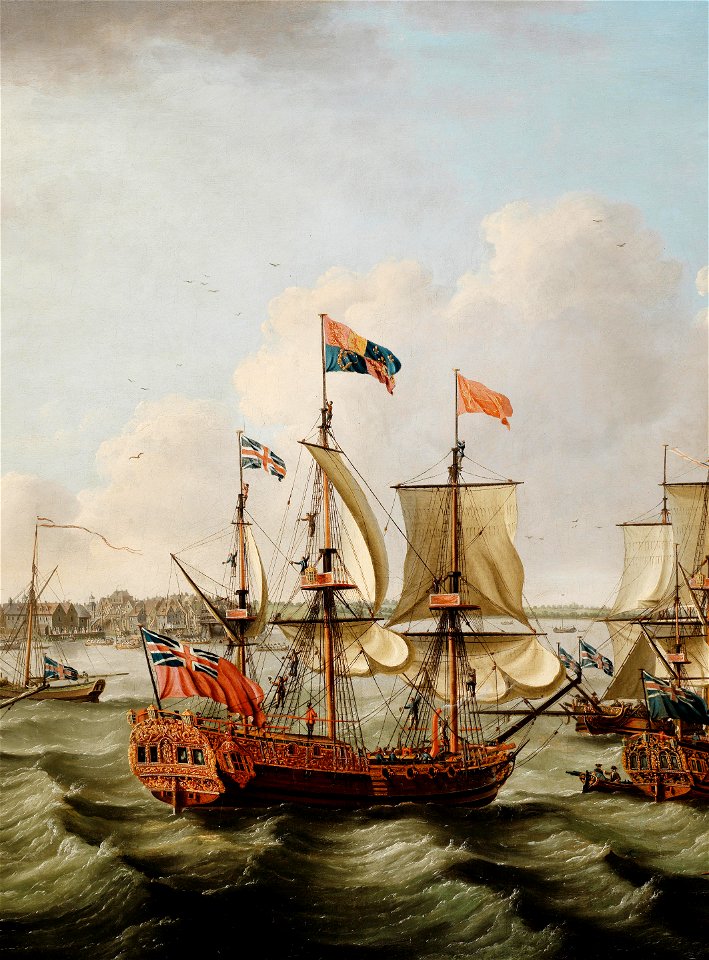 The flotilla of ships, led by the Royal Charlotte in company with five other royal yachts, arriving off Harwich on 6 September 1761 (cropped)