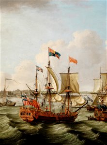 The flotilla of ships, led by the Royal Charlotte in company with five other royal yachts, arriving off Harwich on 6 September 1761 (cropped)
