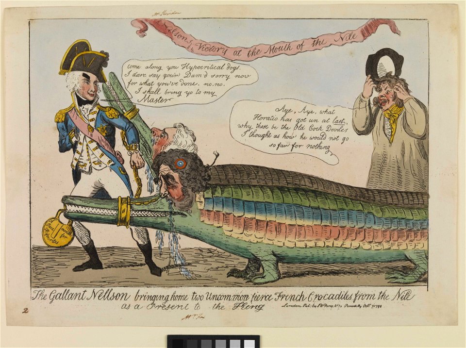 The Gallant Nelson bringing home two uncommon fierce French Crocodiles from the Nile as a present to the King (caricature) RMG PW3889
