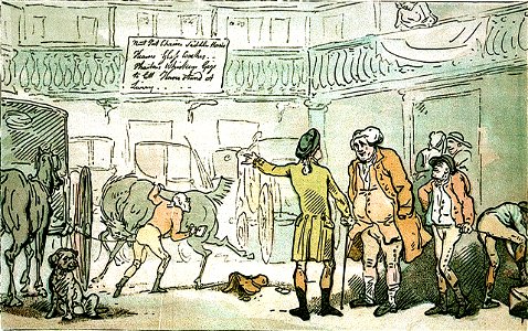 The Graphic Summer Number, 1891. Rowlandson's Tour in a Post Chaise 1782 From his Studio in London to the Wreck of the Royal George sunk at Spithead. Mr Rowlandson hiring the Post Chaise (caricature) RMG PW4927
