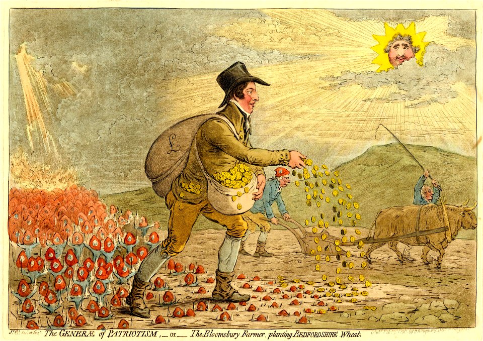 The generae of patriotism,-or-the Bloomsbury farmer, planting Bedfordshire wheat. (BM 1868,0808.6501)