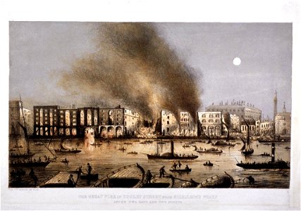 The Great Fire in Tooley Street, from Nicholson Wharf, after two days and two nights; by Capt. J. W. Anderson, 1861. Free illustration for personal and commercial use.