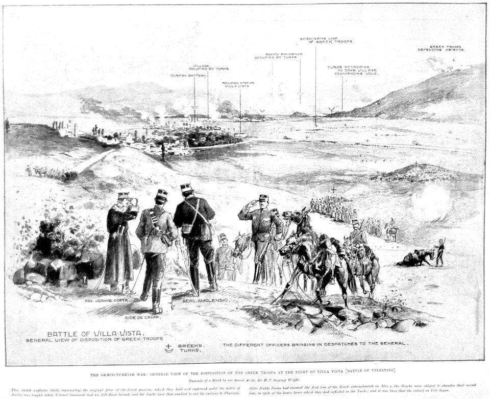 The Graeco-Turkish War - General view of the disposition of the Greek troops at the fight of Villa Vista (Battle of Velestino)