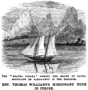 The Gnauna Vinaka Passing the Island of Tavea. Mountains of Vanua-Levu in the distance (June 1853, X, p.67) - Copy. Free illustration for personal and commercial use.