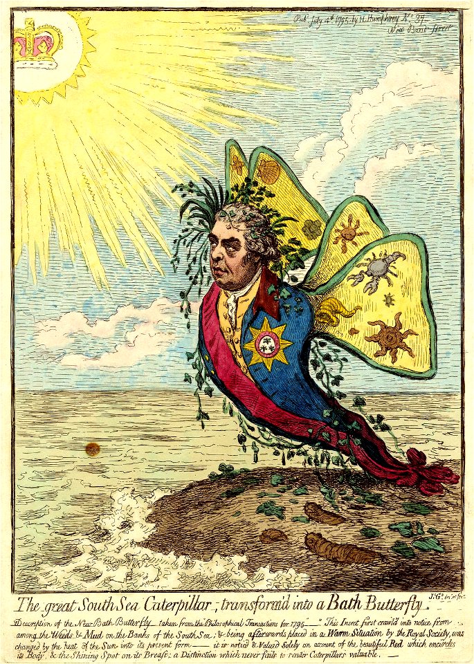 The great South Sea caterpillar, transform'd into a Bath butterfly. (BM 1868,0808.6454)