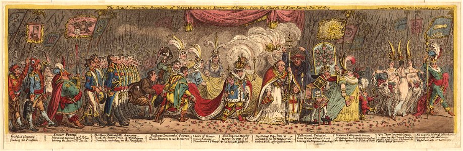 The grand coronation procession of Napoleone the 1st Emperor of France, from the church of Notre-Dame Decr 2d 1804 by James Gillray. Free illustration for personal and commercial use.