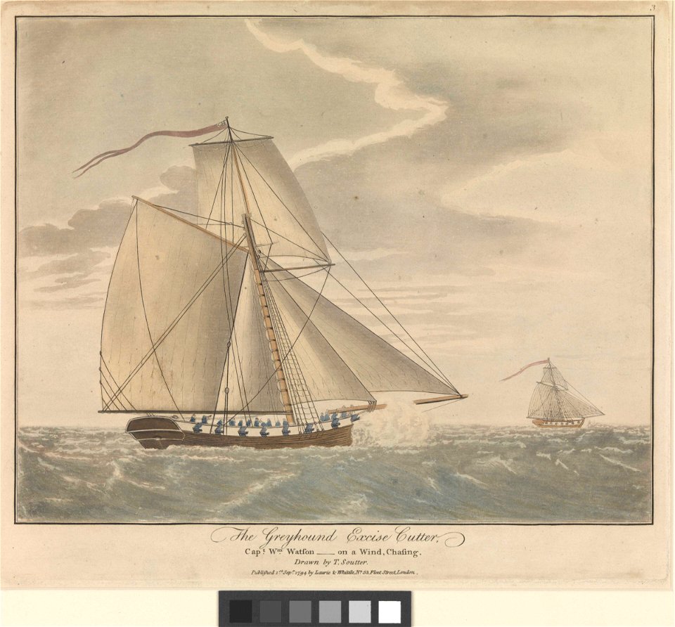 The Greyhound Excise Cutter. Capt Wm Watson - on a wind, chasing RMG PW7971