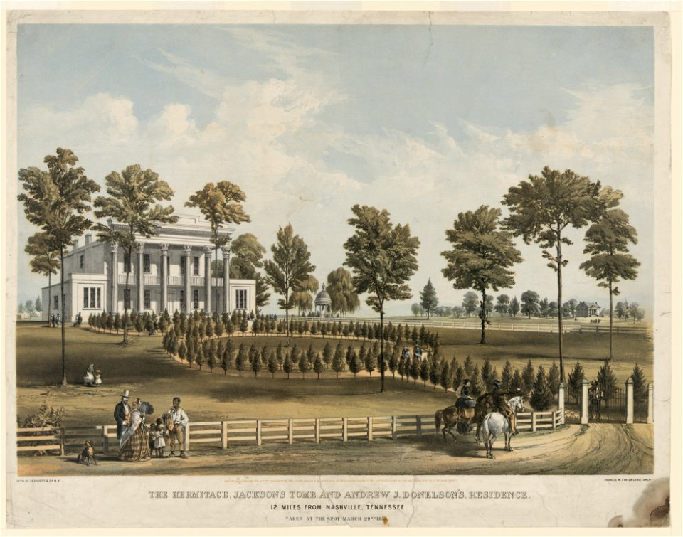 The Hermitage, Jackson's tomb, and Andrew J. Donelson's residence 12 miles from Nashville, Tennessee. Taken at the spot, March 29th, 1856 - Lith. of Endicott & Co., N.Y. LCCN2003664953