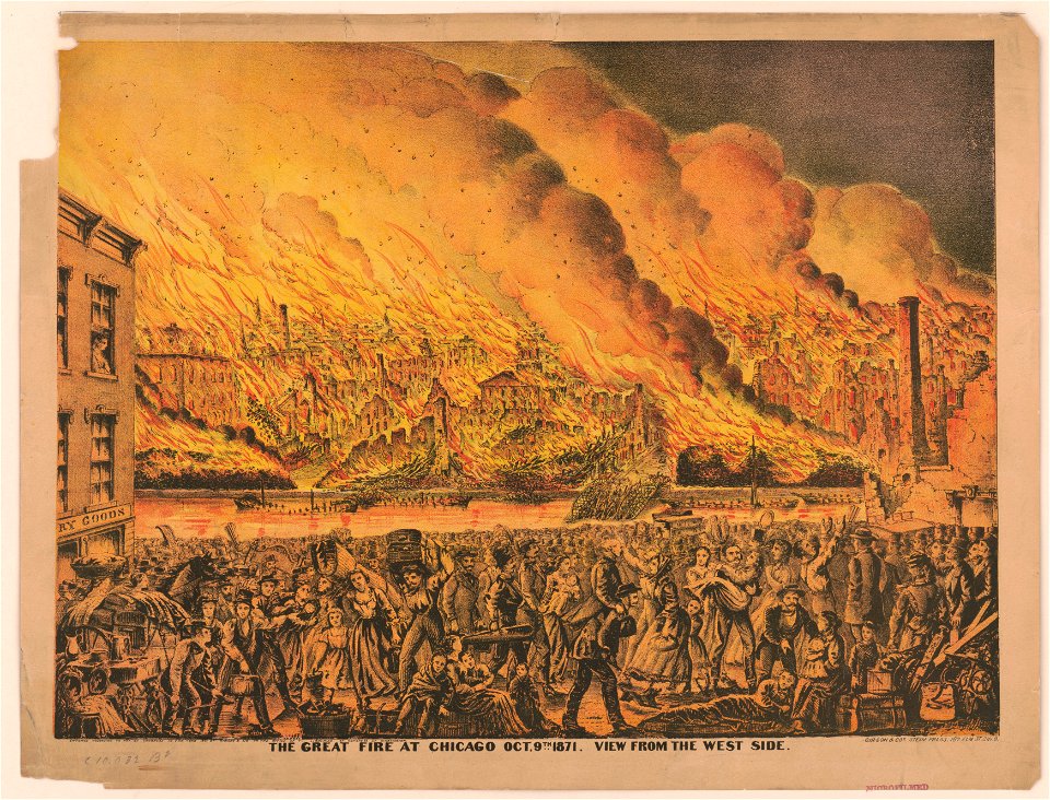 The Great fire at Chicago Oct. 9th 1871. View from the west side - Gibson & Co.'s Steam Press, Cin. O. LCCN92506070