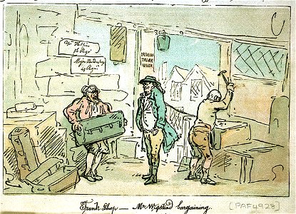 The Graphic Summer Number, 1891. Rowlandson's Tour in a Post Chaise 1782 From his Studio in London to the Wreck of the Royal George sunk at Spithead. Trunk Shop - Mr Wigstead bargaining (caricature) RMG PW4928