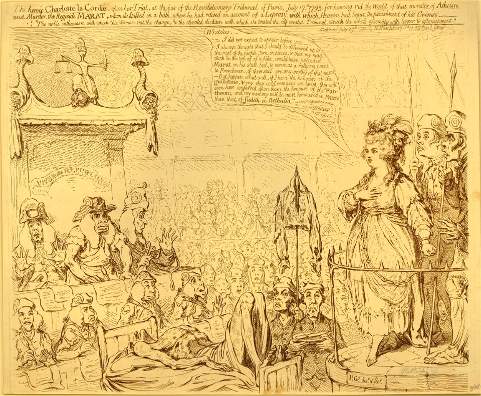 The heroic Charlotte La Cordé, upon her trial, ... (BM 1898,0527.255)