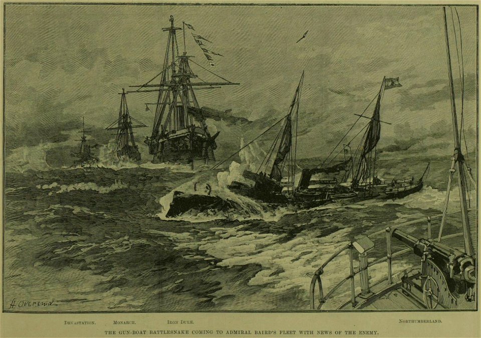 The Gun-Boat Rattlesnake coming to Admiral Baird's fleet with news of the enemy - ILN 1889