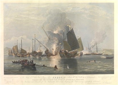 The Hon. E.I. Co Iron Steam Ship Nemesis, Lieut. W.H.Hall, R.N. Commander, with boats of Sulphur, Calliope, Larne and Starling destroying the Chinese war junks, in Anson's Bay, Jany 7th 1841 - RMG PY8893. Free illustration for personal and commercial use.