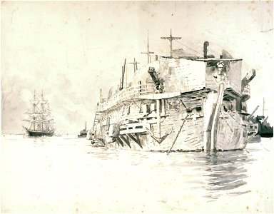 The hulk 'Gloucester' and HMS 'Volage' at Chatham RMG PW2025