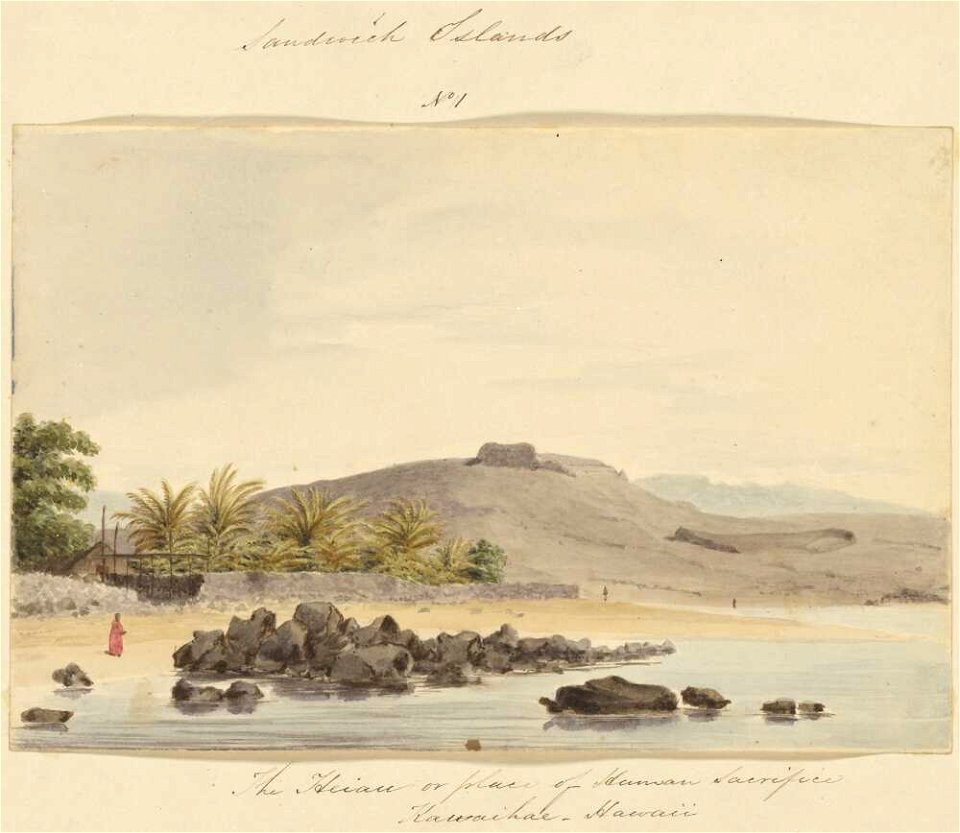 The heiau or place of human sacrifice, Kawaihae, Hawaii, 1855, watercolour by James Gay Sawkins