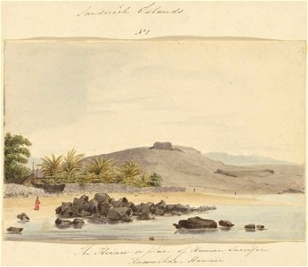 The heiau or place of human sacrifice, Kawaihae, Hawaii, 1855, watercolour by James Gay Sawkins