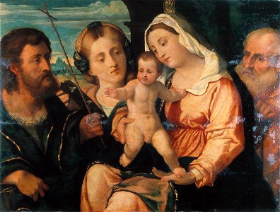 The Holy Family with John the Baptist and St. Catherine from the workshop of Jacopo Palma il Vecchio Rijksdienst voor het Cultureel Erfgoed NK1436. Free illustration for personal and commercial use.