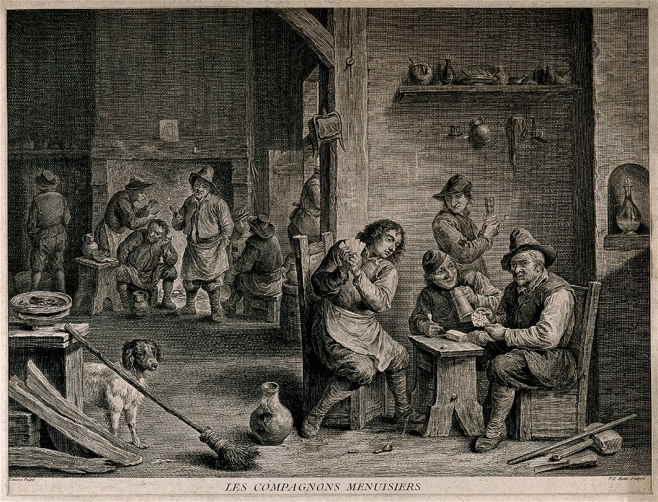 The interior of a dingy smoke den where groups of men smoke, Wellcome V0019046