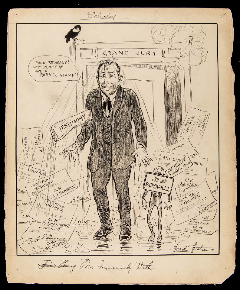 The Immunity Bath (J.J. Hanberg leaving the Grand Jury Room, surrounded by stamped vouchers),... (NBY 5387)