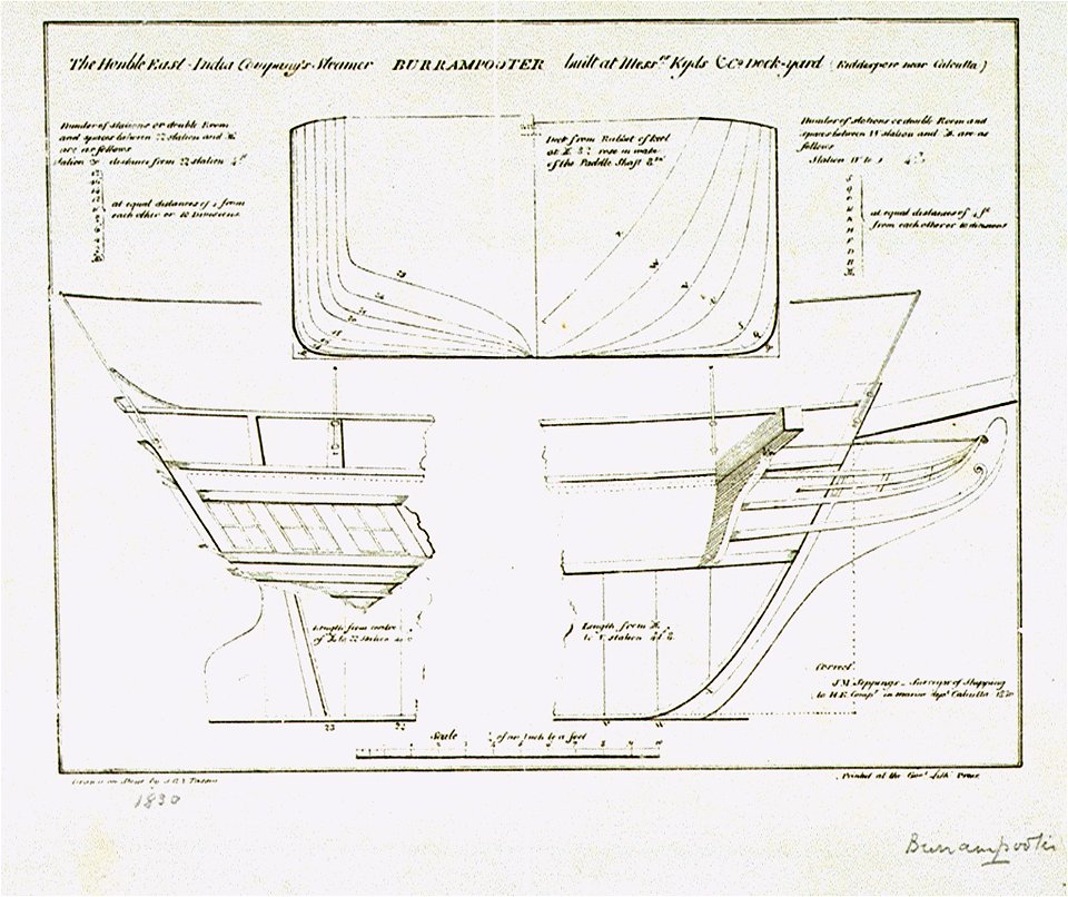 The Honble East-India Company's Steamer Burrampooter built at Messrs Kyds and Co Dock-yard (Kidderpore near Calcutta.) (Plan, 1830) RMG PU6676