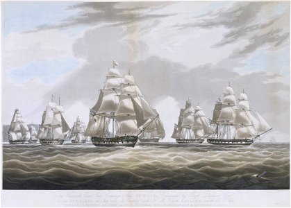 The Honourable East India Company's Ship Inglis - leaving St Helena, in July 1830 In Company with H.M. Frigate Ariadne and the H.C.Ships Windsor, Waterloo, Scaleby Castle, General Kidd, Farquharson and Lower Castle RMG PY8462