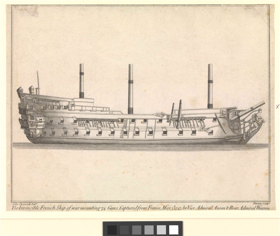 The Invincible French Ship of War mounting 74 Guns, Captured from France, May 3d 1747, by Vice Admiral Anson and Rear Admiral Vernon RMG PW7937