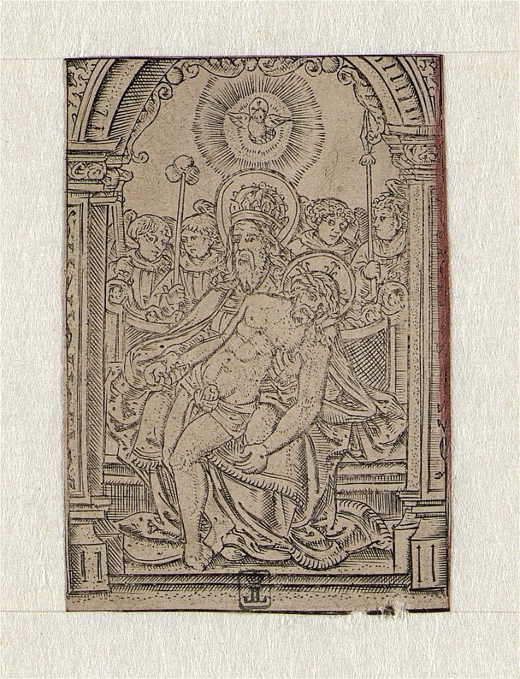 The Holy Trinity- Trinity under an Ornamented Arch, God the Father with Christ on his Lap. ca.1519 print by Master S., S.II 29790, Prints Department, Royal Library of Belgium