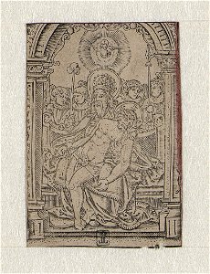 The Holy Trinity- Trinity under an Ornamented Arch, God the Father with Christ on his Lap. ca.1519 print by Master S., S.II 29790, Prints Department, Royal Library of Belgium. Free illustration for personal and commercial use.