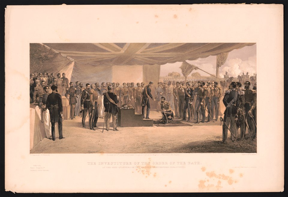The investiture of the Order of the Bath. At the head quarters of the British army before Sebastopol - W. Simpson del. ; E. Morin, lith. ; Day & Son, Lithrs. to the Queen. LCCN2015647819