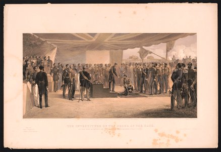 The investiture of the Order of the Bath. At the head quarters of the British army before Sebastopol - W. Simpson del. ; E. Morin, lith. ; Day & Son, Lithrs. to the Queen. LCCN2015647819