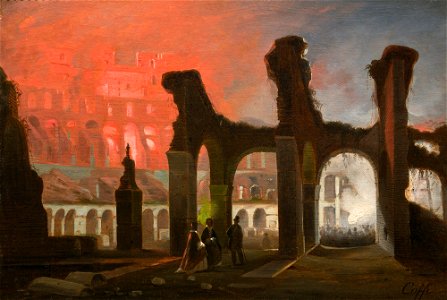 The interior of the Colosseum illuminated by fireworks (by Ippolito Caffi)