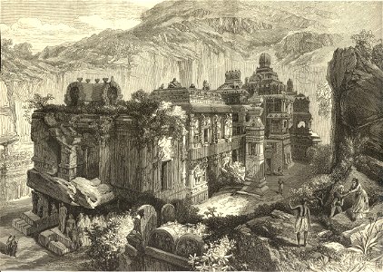 The Kailas, in the cave temples of Ellora, Western India; from a sketch by one of our special artists, from the Illustrated London News. Free illustration for personal and commercial use.