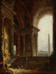 The interior of a Roman palace, an obelisk beyond (hubert robert)