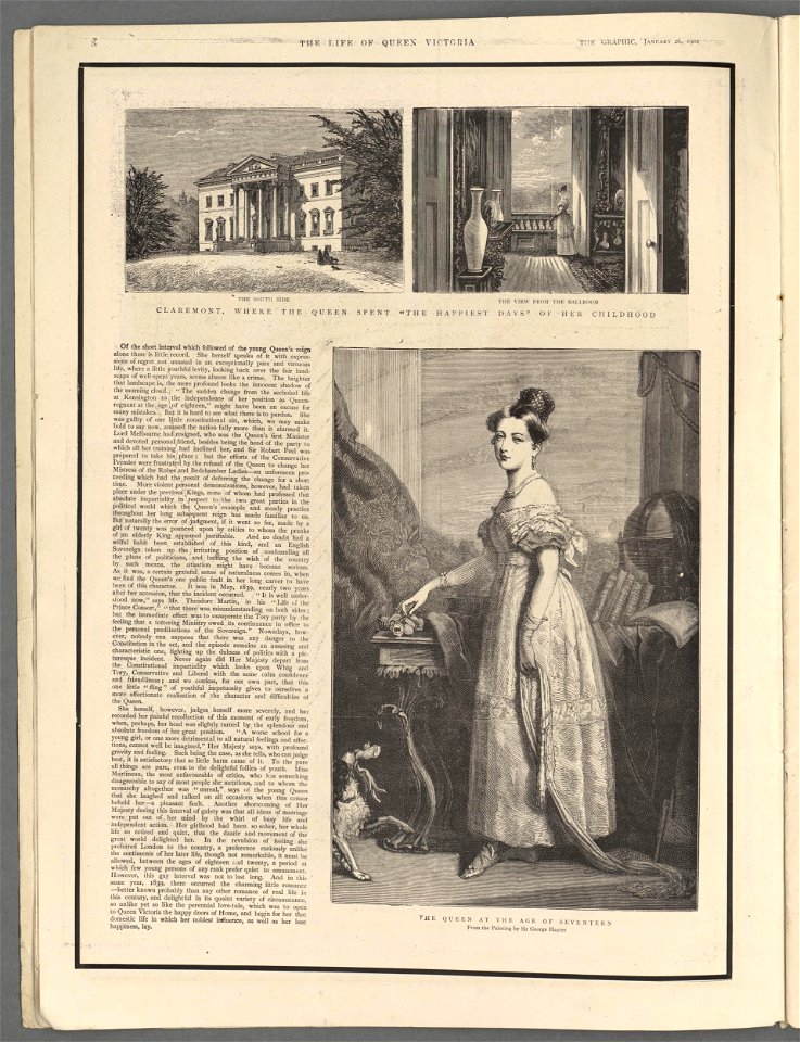 The life of Queen Victoria Claremont, where the Queen spent the happiest days of her childhood - the South side, the view from the ballroom ; the Queen at the age of seventeen (from the painting by Sir George Hayter) (5254866)