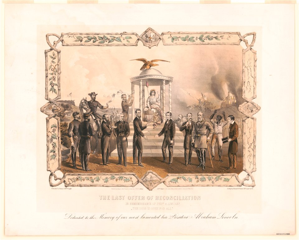 The last offer of reconciliation in remembrance of Prest. A. Lincolns. The door is open for all - H. Thomas ; lithogr. by Kimmel & Forster, 256 Canal Str., N.Y. LCCN2004665367