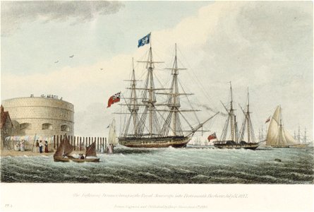The Lightening Steamer bringing the Royal Sovereign into Portsmouth Harbour, July 31 1827 RMG PU6492