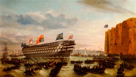 The Launching of HMS 'Royal Sovereign' at Portsmouth, 25 April 1857, by Edwin Weedon HMP HMCMS FA2006 107