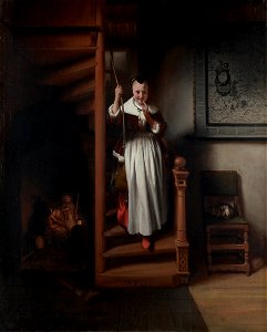 The listening Housewife, by Nicolaes Maes. Free illustration for personal and commercial use.