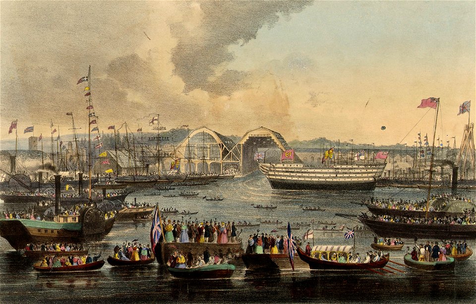 The launch of HMS Trafalgar, 120 guns. At Woolwich June 21st 1841 RMG PW8091