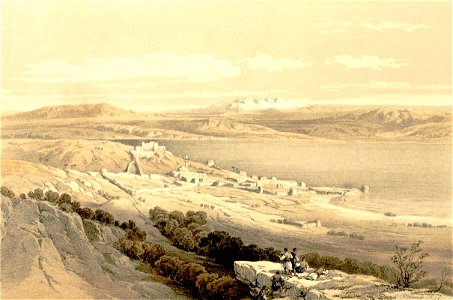 The lake of Tiberias, looking towards Hermon. David Roberts. 1855. Free illustration for personal and commercial use.