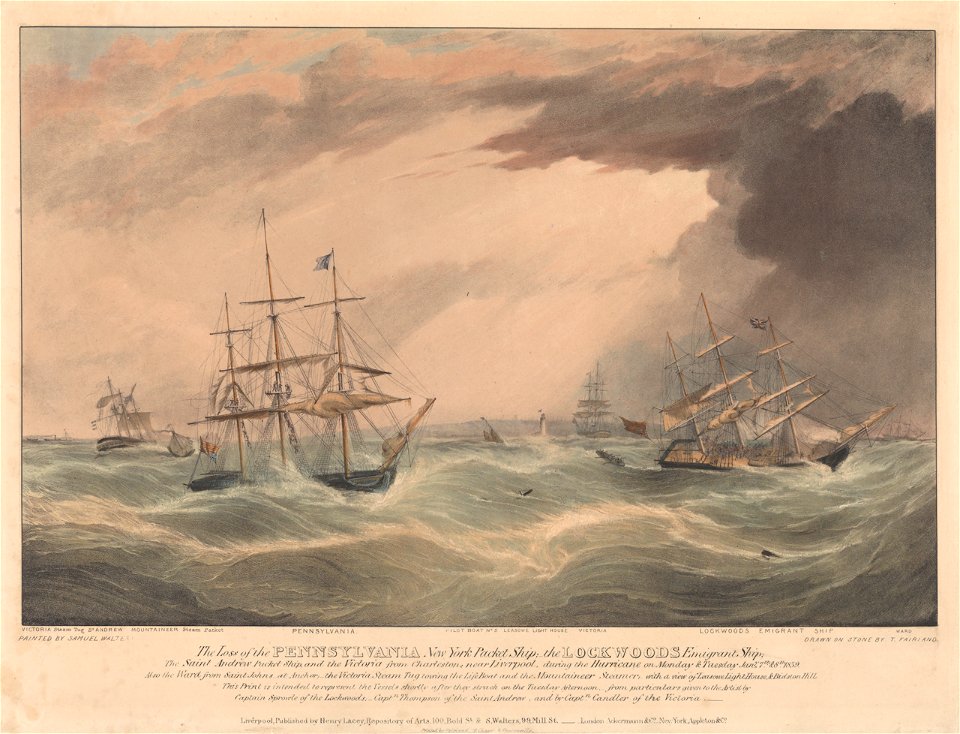 The Loss of the Pennsylvania New York Packet Ship- the Lockwoods Emigrant Ship; the Saint Andrew Packet Ship, and the Victoria from Charleston, near Liverpool during the Hurricane on Monday and Tuesday Jany 7th and 8th 1839 RMG PY8504