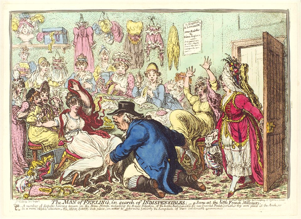 The man of feeling, in search of indispensibles; - a scene at the little French milleners' (William V, Prince of Orange) by James Gillray