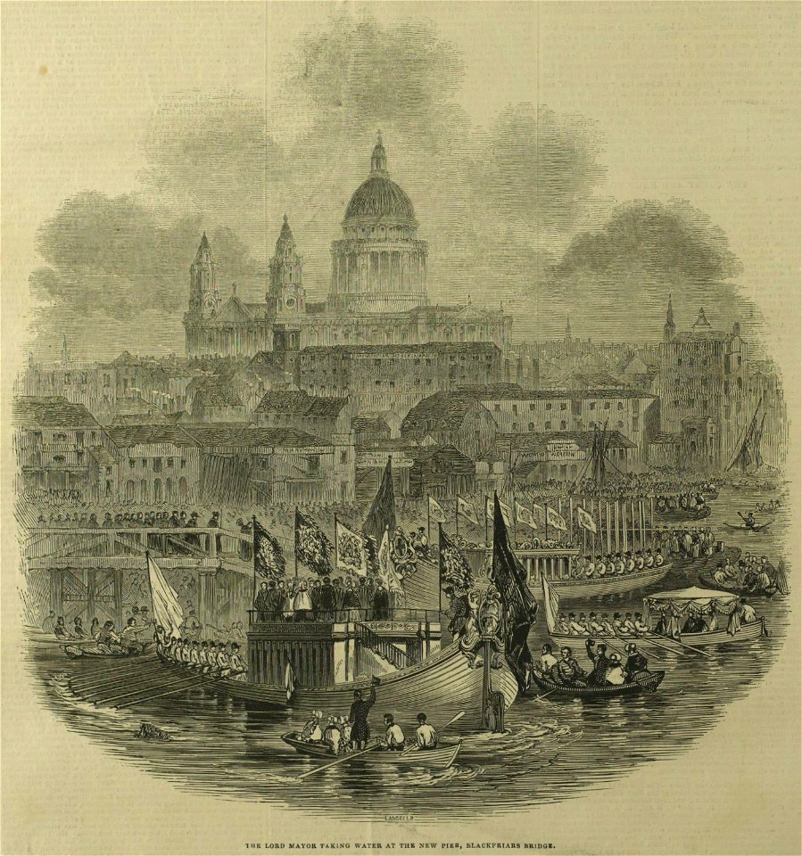 The Lord Mayor taking the water at the new pier, Blackfriars Bridge - ILN 1845