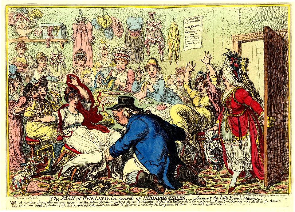 The Man of Feeling, in search of Indispensibles;-a Scene at the little French Milleners. (BM 1868,0808.6855)