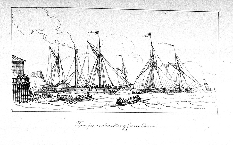 The Marine sketch book by H. Moses 1826. Troops embarking from Cowes RMG PU7939