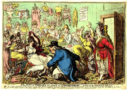 The man of feeling, in search of indispensibles; -a scene in the little French milleners (BM 1851,0901.1015)
