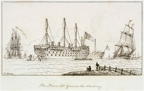 The Marine sketch book by H. Moses 1826. The Howe 120 Guns on the Medway RMG PU7924